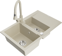 Mexen Gaspar granite kitchen sink 1.5-bowl with drainer and Elia kitchen faucet, beige - 6507-69-670101-69