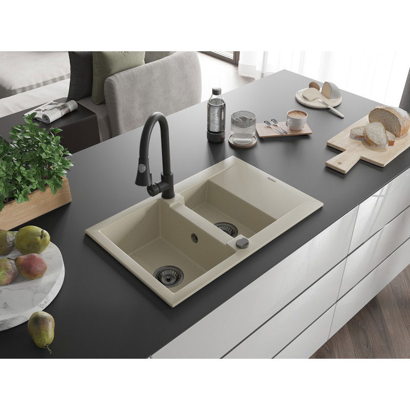 Mexen Gaspar granite sink with 1.5 bowls, drainer and Elia kitchen tap, beige - 6507-69-670101-70