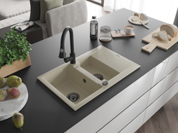 Mexen Gaspar 1.5-bowl granite sink with drainer and Elia kitchen faucet, beige - 6507-69-670101-70
