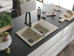 Mexen Gaspar granite sink with 1.5 bowls, drainer and Elia kitchen tap, beige - 6507-69-670101-70