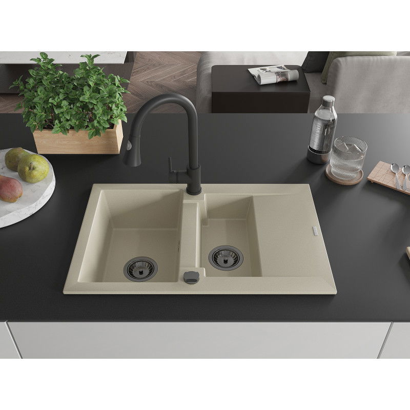 Mexen Gaspar granite sink with 1.5 bowls, drainer and Elia kitchen tap, beige - 6507-69-670101-70