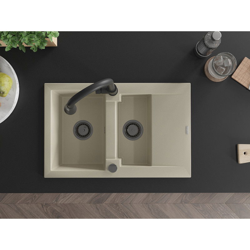 Mexen Gaspar granite sink with 1.5 bowls, drainer and Elia kitchen tap, beige - 6507-69-670101-70