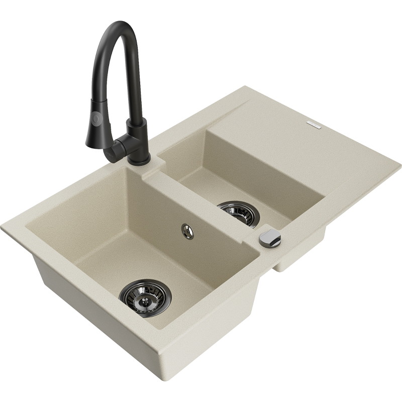 Mexen Gaspar granite sink 1.5-bowl with drainer and kitchen faucet Elia, beige - 6507-69-670101-70