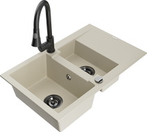 Mexen Gaspar granite sink with 1.5 bowls, drainer and Elia kitchen tap, beige - 6507-69-670101-70