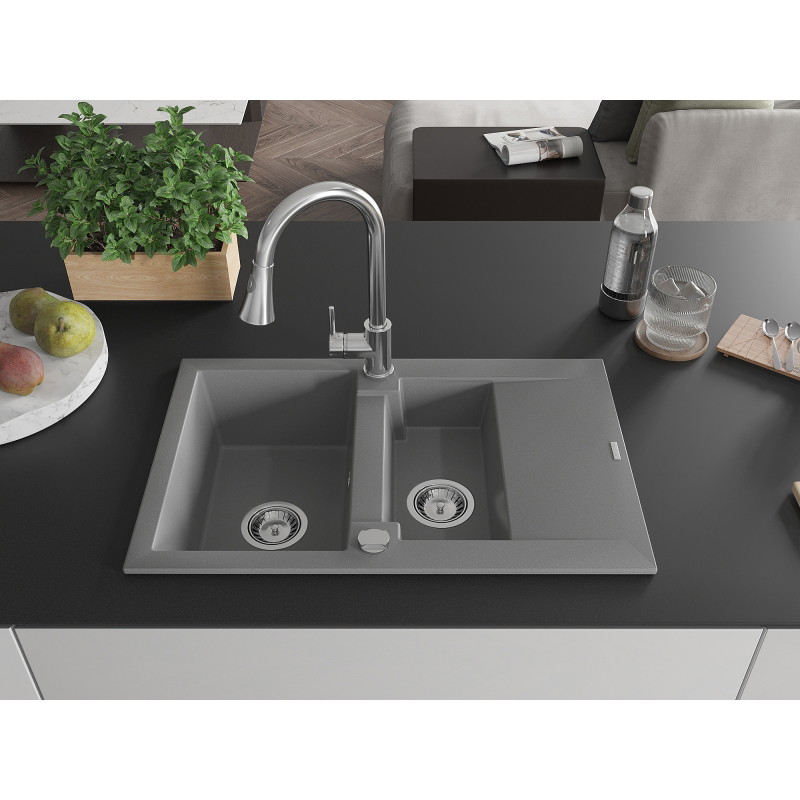 Mexen Gaspar gray granite sink with 1.5 chambers, drainer, and kitchen faucet Elia - 6507-71-670101-00