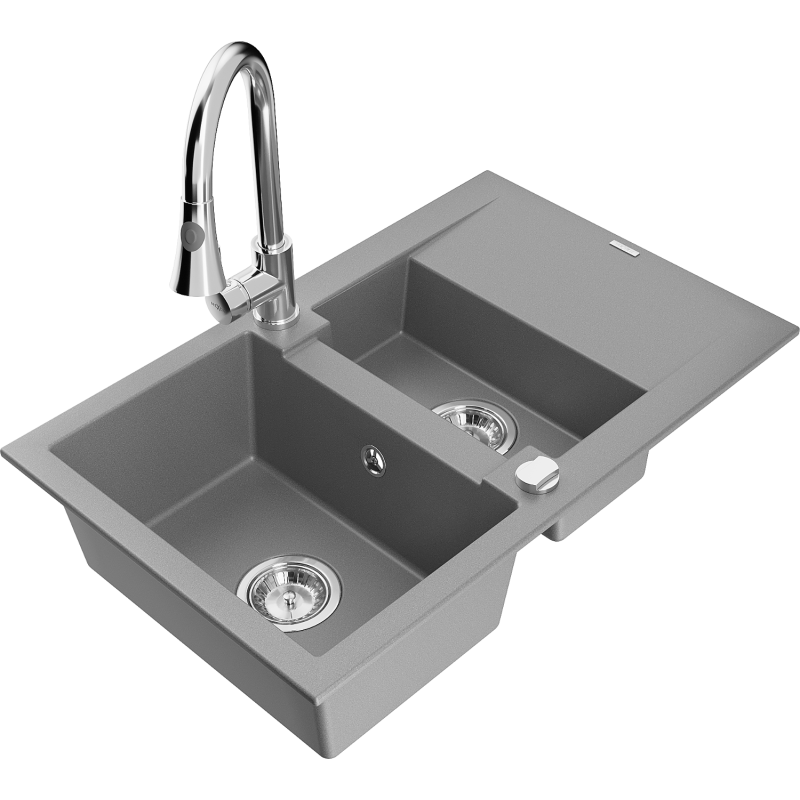 Mexen Gaspar 1.5-compartment granite sink with a drip tray and kitchen mixer tap Elia, Grey - 6507-71-670101-00
