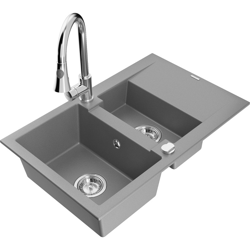 Mexen Gaspar granite kitchen sink 1.5-bowl with drainer and kitchen faucet Elia, gray - 6507-71-670101-00