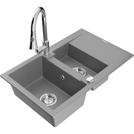Mexen Gaspar 1.5-bowl granite sink with drainer and Elia kitchen tap, grey - 6507-71-670101-00