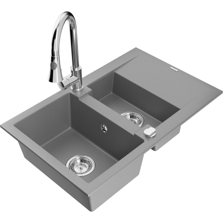 Mexen Gaspar granite kitchen sink 1.5-bowl with drainer and kitchen faucet Elia, gray - 6507-71-670101-00