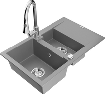 Mexen Gaspar gray granite sink with 1.5 chambers, drainer, and kitchen faucet Elia - 6507-71-670101-00