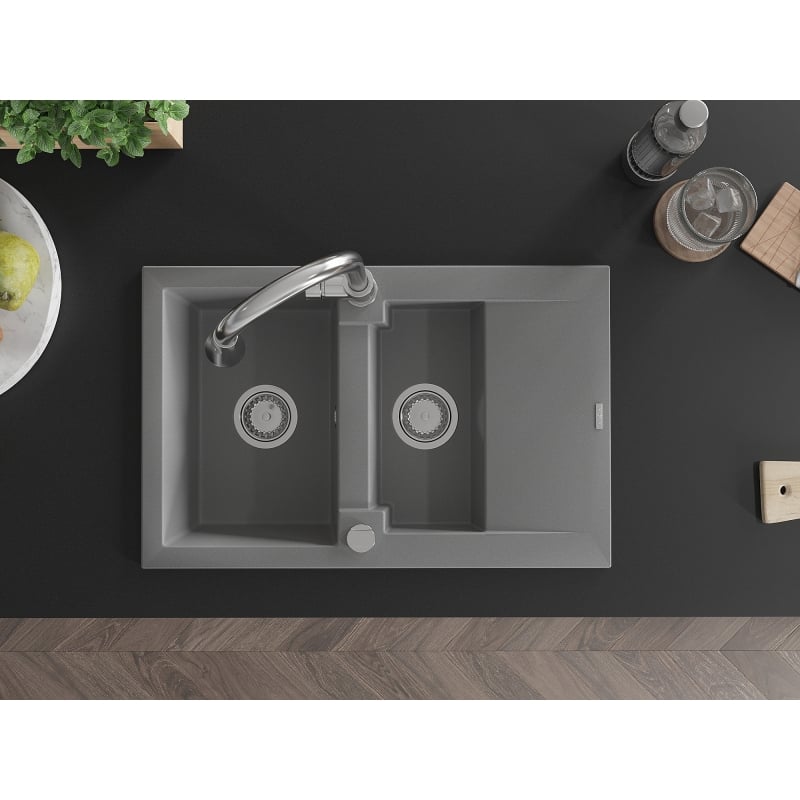 Mexen Gaspar granite kitchen sink 1.5-bowl with drainer and kitchen faucet Elia, gray - 6507-71-670101-00
