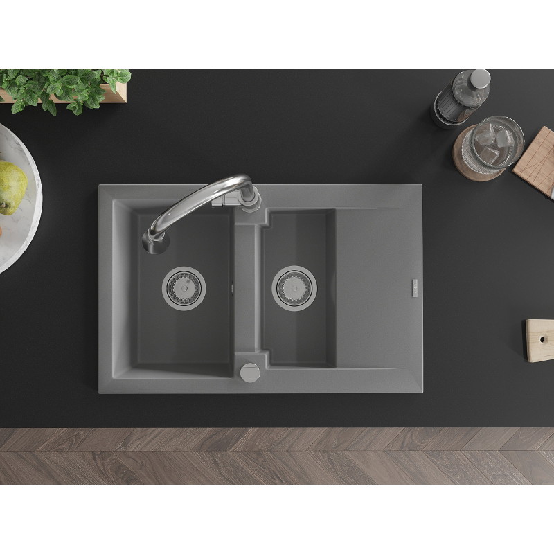 Mexen Gaspar gray granite sink with 1.5 chambers, drainer, and kitchen faucet Elia - 6507-71-670101-00
