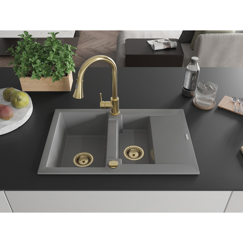 Mexen Gaspar 1.5-bowl granite kitchen sink with drainer and Elia kitchen faucet, gray - 6507-71-670101-50