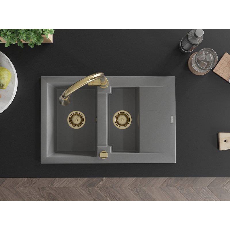 Mexen Gaspar 1.5-bowl granite kitchen sink with drainer and Elia kitchen faucet, gray - 6507-71-670101-50