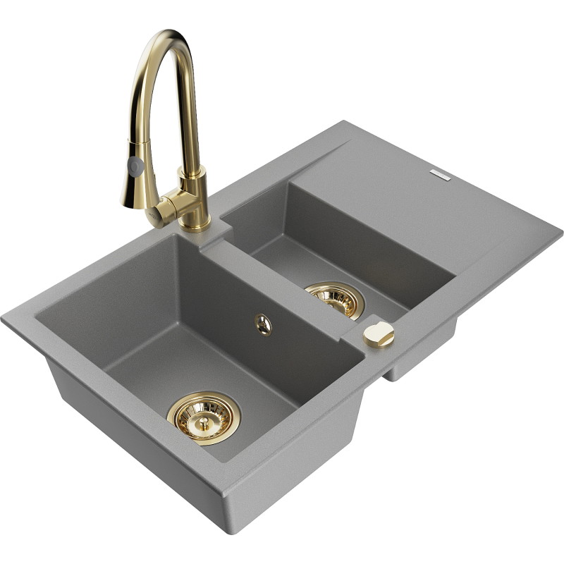 Mexen Gaspar 1.5-bowl granite kitchen sink with drainer and Elia kitchen faucet, gray - 6507-71-670101-50