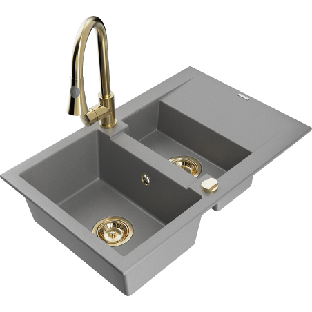 Mexen Gaspar 1.5-bowl granite kitchen sink with drainer and Elia kitchen faucet, gray - 6507-71-670101-50