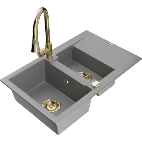 Mexen Gaspar granite sink 1.5-bowl with drainer and Elia kitchen faucet, gray - 6507-71-670101-50