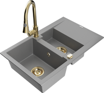 Mexen Gaspar 1.5-bowl granite kitchen sink with drainer and Elia kitchen faucet, gray - 6507-71-670101-50