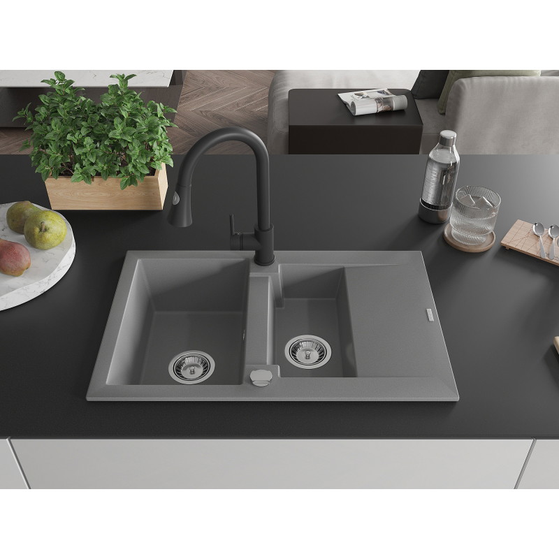 Mexen Gaspar granite sink 1.5-bowl with drainer and kitchen faucet Elia, gray - 6507-71-670101-70