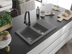 Mexen Gaspar Granite Kitchen Sink 1.5 Bowl with Draining Board and Elia Kitchen Tap, Grey - 6507-71-670101-70