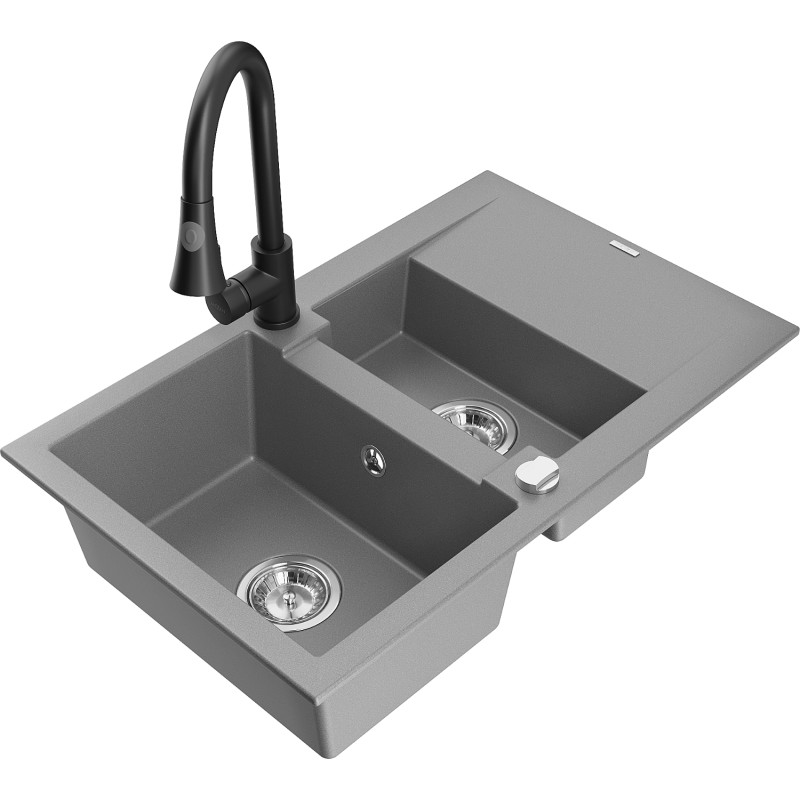 Mexen Gaspar 1.5-bowl granite sink with drainer and Elia kitchen faucet, gray - 6507-71-670101-70