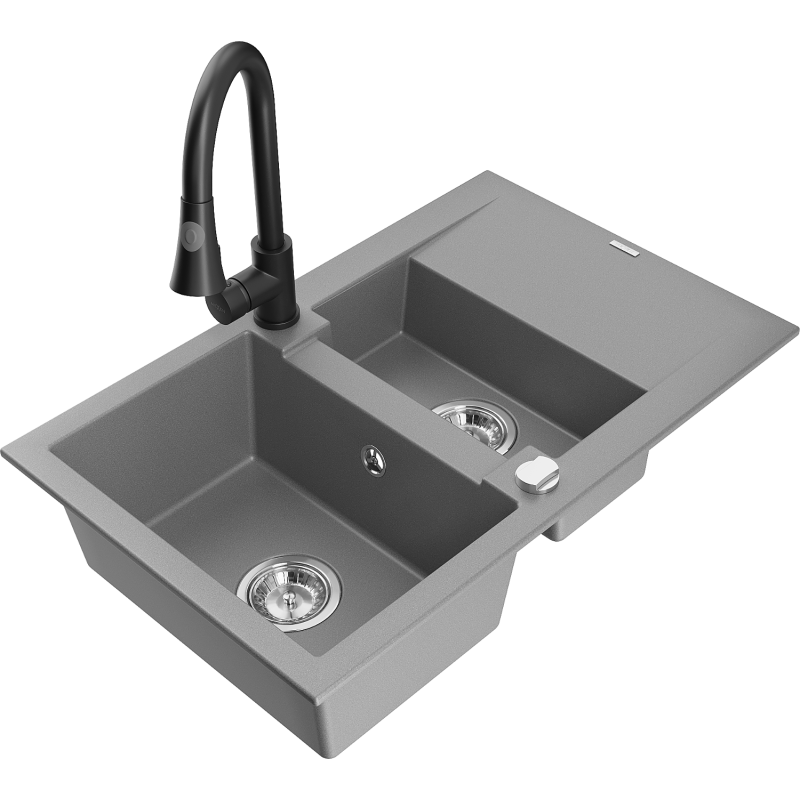 Mexen Gaspar Granite Kitchen Sink 1.5 Bowl with Draining Board and Elia Kitchen Tap, Grey - 6507-71-670101-70