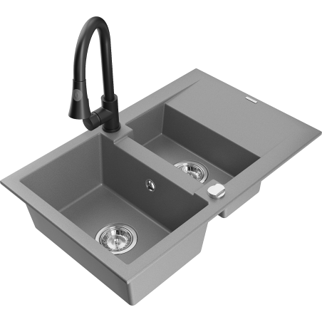 Mexen Gaspar Granite Kitchen Sink 1.5 Bowl with Draining Board and Elia Kitchen Tap, Grey - 6507-71-670101-70
