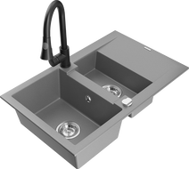 Mexen Gaspar Granite Kitchen Sink 1.5 Bowl with Draining Board and Elia Kitchen Tap, Grey - 6507-71-670101-70