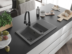 Mexen Gaspar granite sink 1.5-bowl with drainer and Elia kitchen faucet, gray - 6507-71-670101-70-B