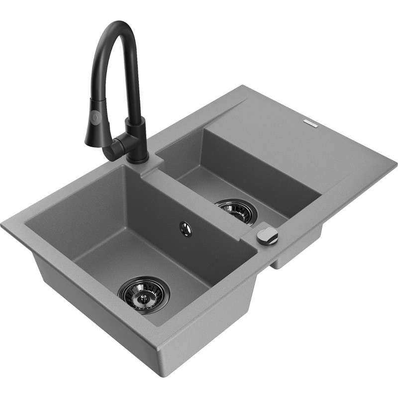 Mexen Gaspar 1.5-bowl granite sink with drainer and Elia kitchen faucet, gray - 6507-71-670101-70-B