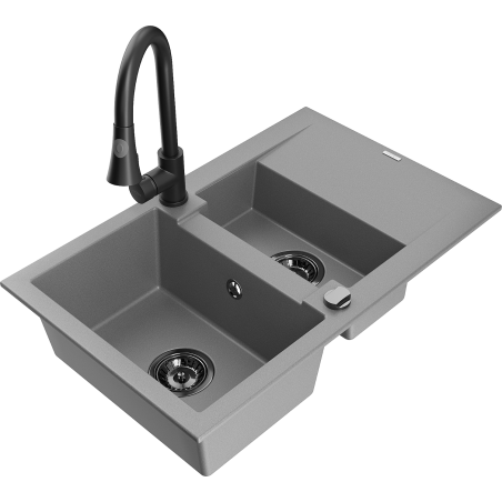 Mexen Gaspar 1.5-bowl granite sink with drainer and Elia kitchen faucet, gray - 6507-71-670101-70-B