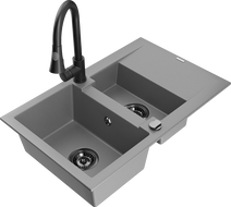 Mexen Gaspar granite sink 1.5-bowl with drainer and Elia kitchen faucet, gray - 6507-71-670101-70-B