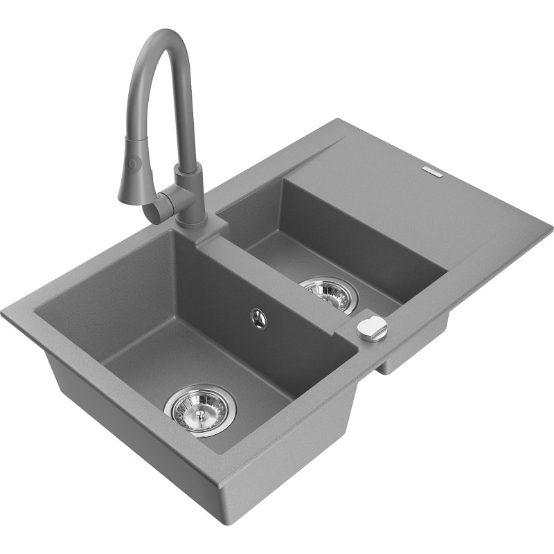 Mexen Gaspar granite sink 1.5-bowl with drainer and Elia kitchen faucet, gray - 6507-71-670101-71
