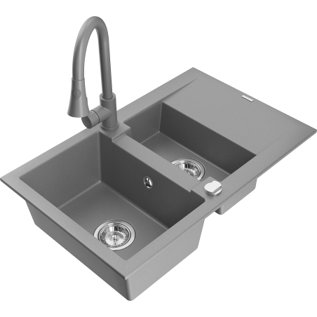 Mexen Gaspar granite sink 1.5-basin with drainer and Elia kitchen tap, grey - 6507-71-670101-71