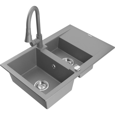 Mexen Gaspar granite sink 1.5-bowl with drainer and Elia kitchen faucet, gray - 6507-71-670101-71