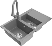 Mexen Gaspar granite sink 1.5-bowl with drainer and Elia kitchen faucet, gray - 6507-71-670101-71