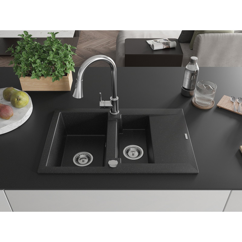 Mexen Gaspar granite sink 1.5-bowl with drainer and kitchen faucet Elia, black/silver metallic - 6507-73-670101-00