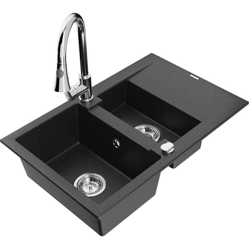 Mexen Gaspar 1.5-compartment granite sink with a drip tray and kitchen mixer tap Elia, Black/Silver metallic - 6507-73-670101-00