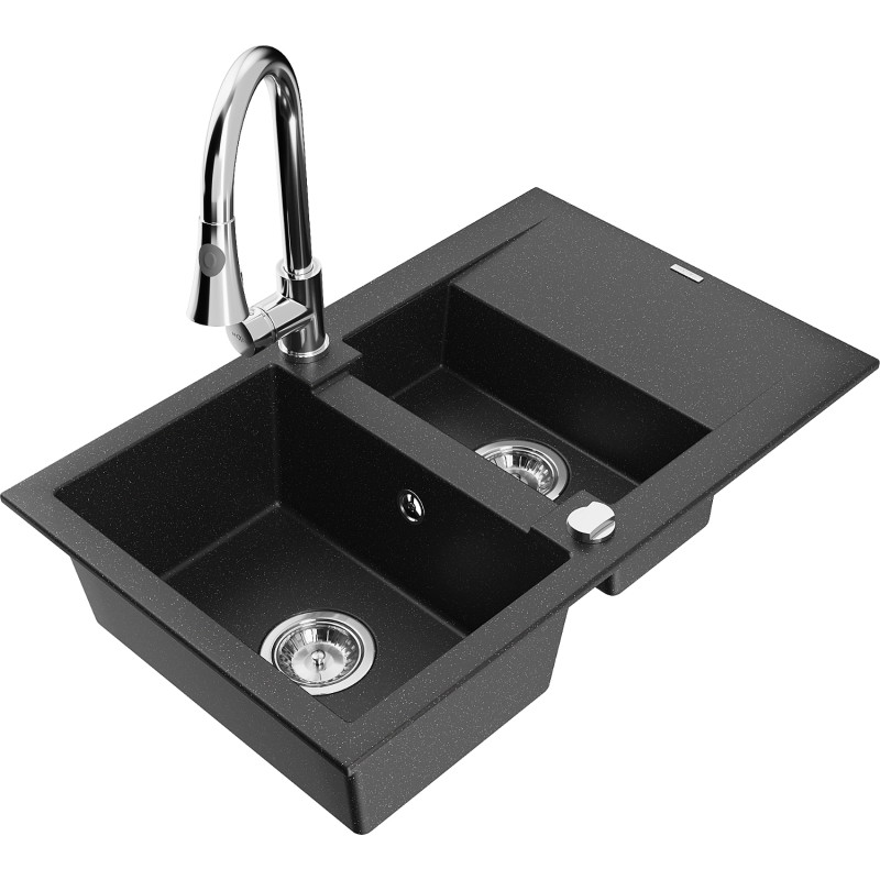 Mexen Gaspar granite sink 1.5-bowl with drainer and Elia kitchen faucet, black/silver metallic - 6507-73-670101-00