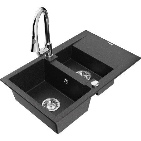 Mexen Gaspar granite sink 1.5-bowl with drainer and Elia kitchen faucet, black/silver metallic - 6507-73-670101-00