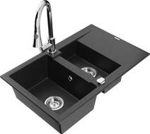Mexen Gaspar granite sink 1.5-bowl with drainer and kitchen faucet Elia, black/silver metallic - 6507-73-670101-00