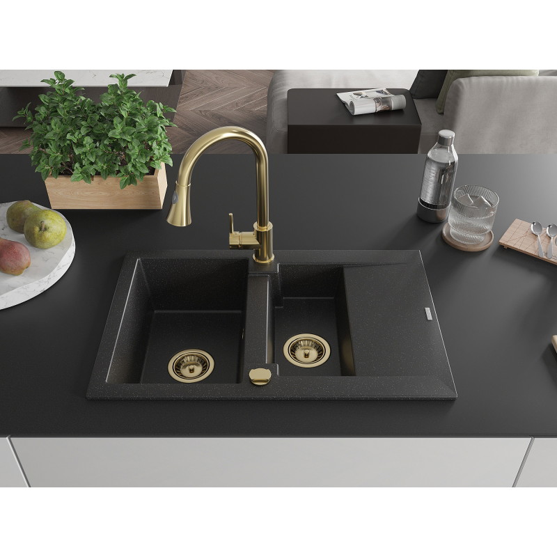 Mexen Gaspar granite sink 1.5-bowl with drainer and Elia kitchen faucet, black/silver metallic - 6507-73-670101-50