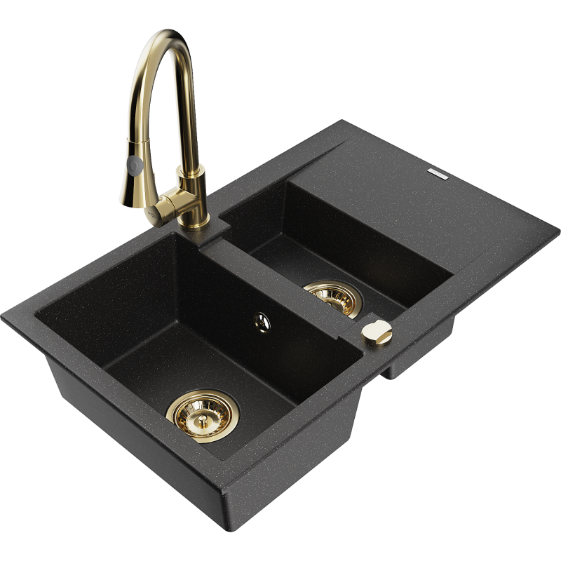 Mexen Gaspar 1.5-compartment granite sink with a drip tray and kitchen mixer tap Elia, Black/Silver metallic - 6507-73-670101-50