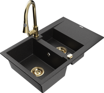 Mexen Gaspar 1.5-bowl granite sink with drainer and kitchen faucet Elia, black/silver metallic - 6507-73-670101-50
