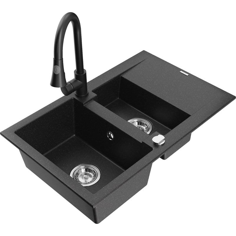 Mexen Gaspar 1.5-bowl granite sink with drainer and Elia kitchen faucet, black/silver metallic - 6507-73-670101-70