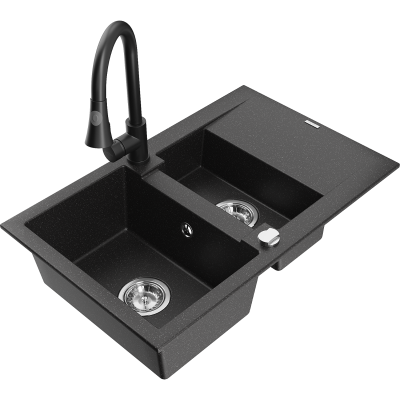 Mexen Gaspar 1.5-compartment granite sink with a drip tray and kitchen mixer tap Elia, Black/Silver metallic - 6507-73-670101-70