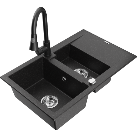 Mexen Gaspar 1.5-bowl granite sink with drainer and Elia kitchen faucet, black/silver metallic - 6507-73-670101-70