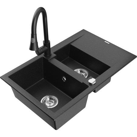Mexen Gaspar granite sink 1.5-bowl with drainer and Elia kitchen faucet, black/silver metallic - 6507-73-670101-70