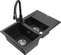 Mexen Gaspar 1.5-bowl granite sink with drainer and Elia kitchen faucet, black/silver metallic - 6507-73-670101-70
