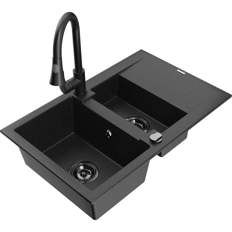 Mexen Gaspar 1.5-compartment granite sink with a drip tray and kitchen mixer tap Elia, Black/Silver - 6507-73-670101-70-B
